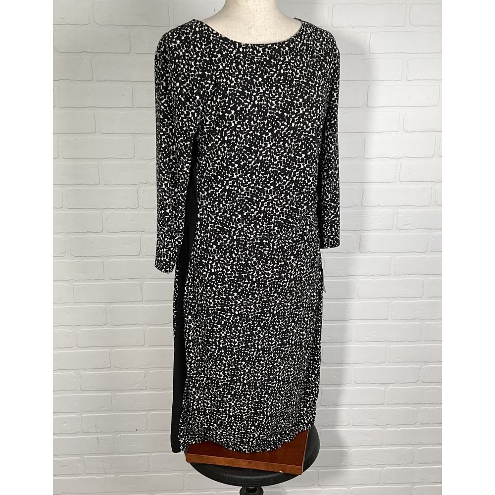 Anne Klein Dress Women 12 Black Ivory Abstract Bodycon Sheath Stretch Midi